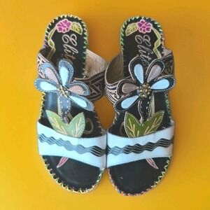 ELITE by Corky's Pacific Multicolor US Sz 9 Tooled Leather Sandals Wedge Heel